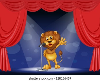 Illustration of a lion singing at the center of the stage