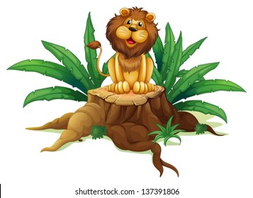 Illustration of a  lion sitting on a stump with leaves on a white background