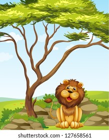 Illustration of a lion sitting under a big tree