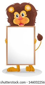 Illustration of a lion smiling holding an empty board on a white background 