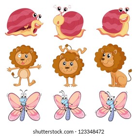 Illustration of a lion, a snail and a butterfly on a white background
