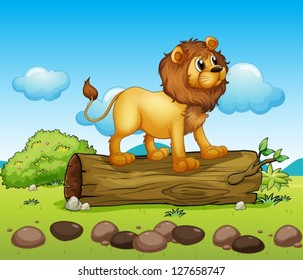 Illustration of a lion standing above a trunk of a tree