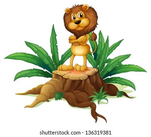 Illustration of a lion standing above the wood on a white background