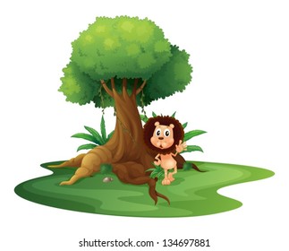 Illustration of a lion standing beside an old tree on a white background