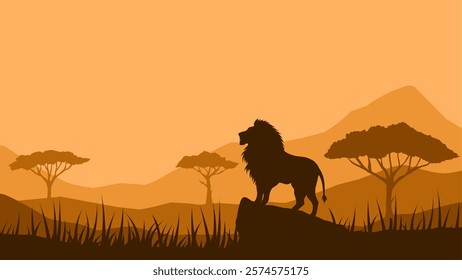 Illustration of a lion standing on a rock in the savanna. Vector illustration of lion wildlife with African tree and savannah landscape. Plains of savanna scenery with trees and mountain