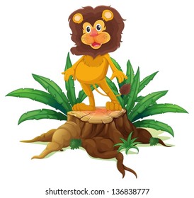 Illustration of a lion standing on a stump with leaves on a white background