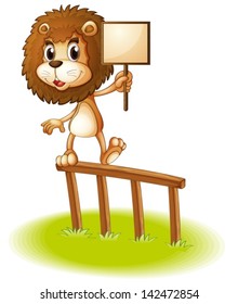 Illustration of a lion standing on a wooden fence holding an empty signboard on a white background