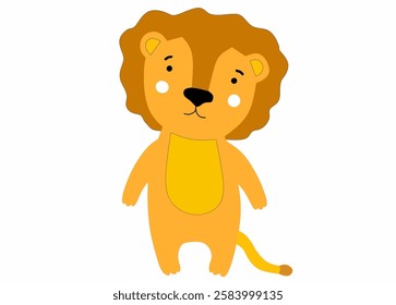 illustration of a lion. The lion is standing upright and facing forward. It has a large, round head with a friendly expression. The lion's mane is thick and fluffy, and it is a light brown color