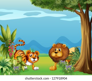 Illustration of a lion and a tiger near the hills