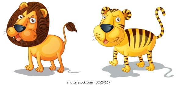 Ilustración de león y tigre en blanco