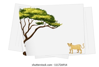 Ilustración de un león y un árbol