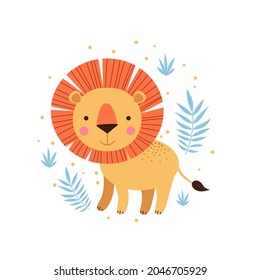 Illustration of lion and tropical leaves.