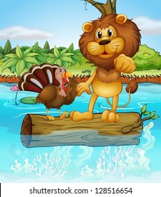 Illustration of a lion and a turkey above a floating trunk