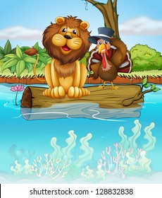 Illustration of a lion and a turkey above a floating trunk