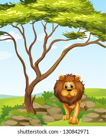 Illustration of a lion under a tall tree