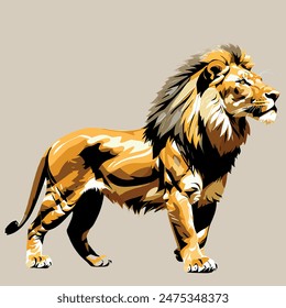 An illustration of a lion in vector art style showcases sleek, clean lines and vibrant colors. The lion, with a majestic mane flowing in stylized curves, stands proudly. 