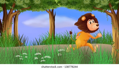 Illustration of a lion walking in the forest alone