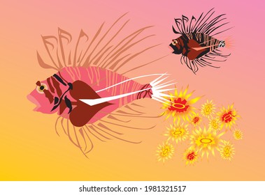 Illustration of lionfish with beautiful coral