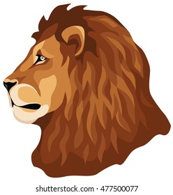 illustration of a lion's head in profile. Portrait of a lion with a mane