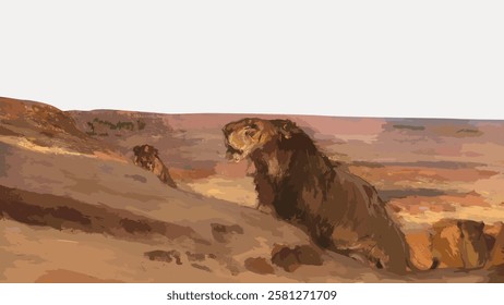 Illustration of lions resting on a hill in a desert landscape. The lions are depicted in a stylized manner, emphasizing the vast desert surroundings. Vintage animal illustration isolated, vector.