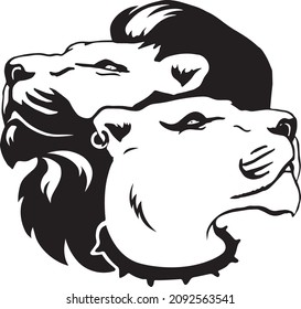 Illustration with lions. Vector. Logo. Brutal. Strong couple. Wild animals. Icon. Black and white art. Tattoo.