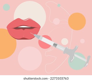 Illustration. Lip-Augmentation. Plastische Chirurgie. Schöne Lippen einer Frau, Nahaufnahme auf rosafarbenem Hintergrund.