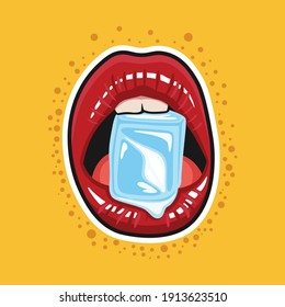 illustration of lips biting an ice cube. Isolated on orange background