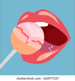 Illustration of lips and chupa chups.

Illustration of lips and two striped lollipops background.

