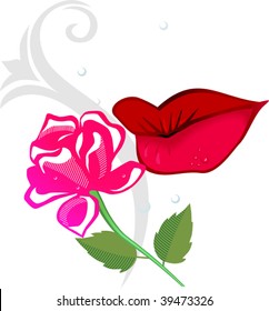 Illustration of lips and rose flower with background	