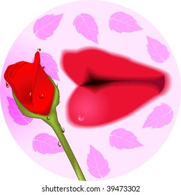 Illustration of lips and rose with leaf background	