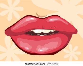 Illustration of lips with teeth and colour background	