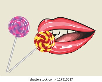 Illustration of lips and two striped lollipops background.