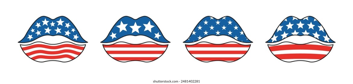 Ilustración de los labios con el patrón de la bandera de Estados Unidos. Clipart por el Día de la Independencia. 