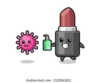 illustration of lipstick character chasing evil virus with hand sanitizer , cute style design for t shirt, sticker, logo element