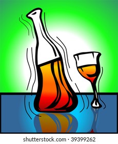 Illustration of liquor bottle and goblet of wine	