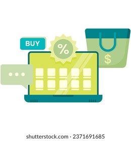 ilustración de una lista de artículos con descuento en ecommerce, monitor de portátil y compra en línea	