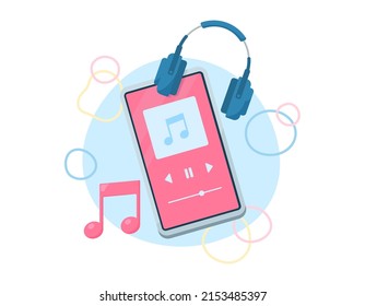 Illustration of Listening to Music on a Mobile Phone. Music player with headphones. Playing songs online. 