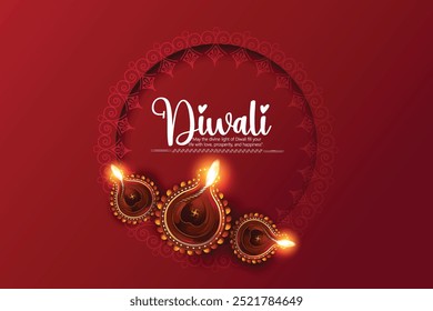 illustration of a lit Diya, symbolizing the festival of Diwali, with a wish for love, prosperity, and Clay Diya lamps lit during Diwali, Hindu festival of lights celebration