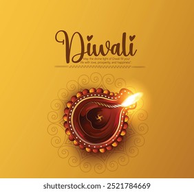 ilustração de um Diya iluminado, simbolizando o festival de Diwali, com um desejo de amor, prosperidade, e lâmpadas Clay Diya iluminadas durante o Diwali, festival hindu de celebração de luzes