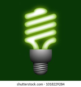 An illustration of a lit LED bulb, a vector image on a green background with a neon effect in neon green saturated colors to symbolize ecological energy.