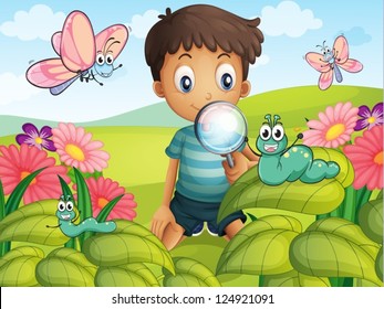 Illustration of a litte boy with a magnifying glass in the garden