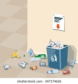 Illustration of littering waste that have been disposed improperly at an inappropriate location around the dust bin near wall in interior. Garbage can is full of trash. Trash is fallen on the ground.