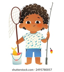 Illustration of little African American boy fishing. Child with a rod, reel and a bucket with fish . Fun and playful outdoor adventure or hobby. Vector cartoon illustration clip art for kids.