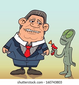 Illustration of a little alien being robbing a human busyness man 