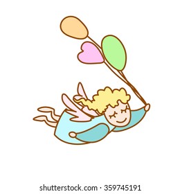 illustration of the little angel flying with balloons on a white background