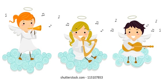 Illustration of Little Angels Singing While Playing Musical Instruments
