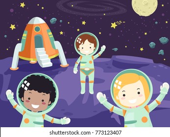 Illustration of Little Astronauts Waving in the Moon in Outer Space with a Space Ship