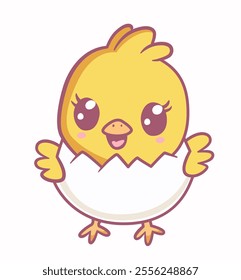 Illustration of a little baby chicken bird cartoon character breaking out of a Easter egg Yellow cute chick