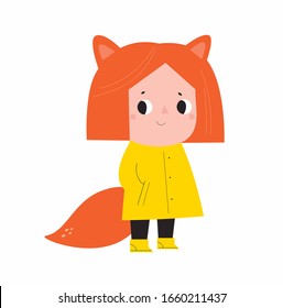 Illustration with little baby girl in flat cartoon style. Fox child. Ideal for creating posters, book character, cards, prints, digital paper, kid clothing, nursery prints, kids room decoration