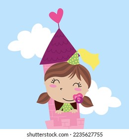 Illustration of a little baby princess leaning out of a castle tower window